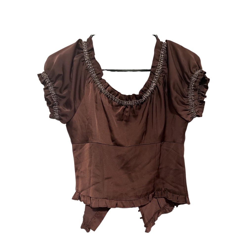 Urban Outfitters Brown Satin Milkmaid Corset Top Ruffle Puff Sleeve Sweetheart M - Picture 6 of 6
